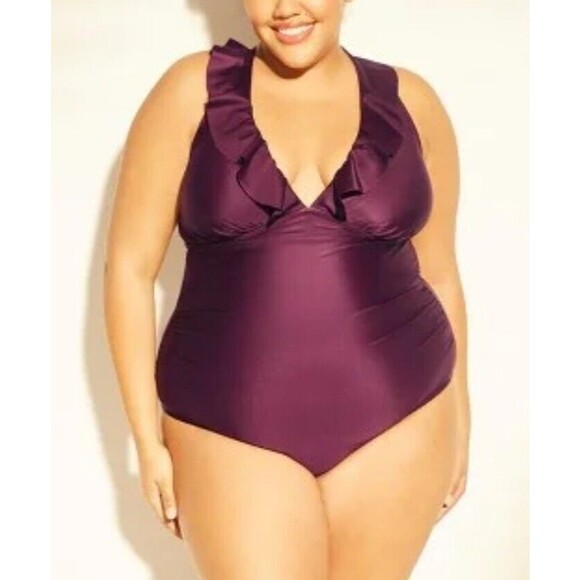 Kona Sol Purple Ruffle One Piece Swim Suit 18W Plus - Picture 2 of 13